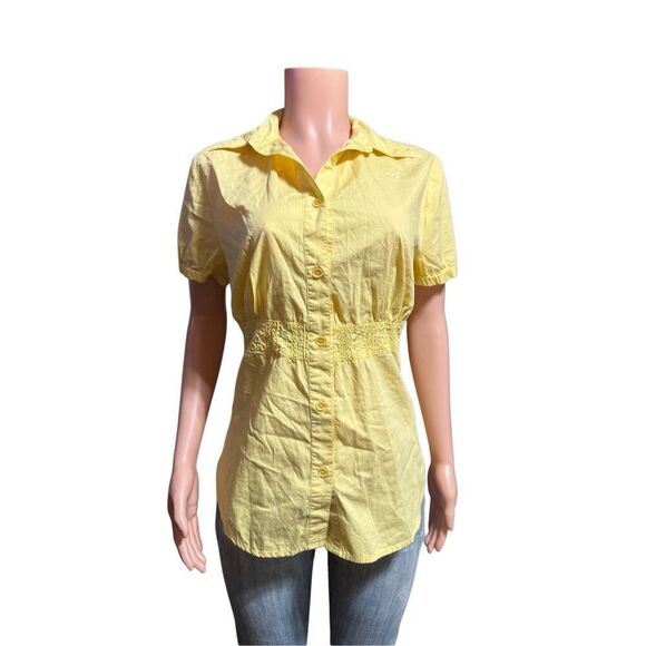 Pulp short sleeve embroidery waist patch yellow button up shirt M - Picture 3 of 7
